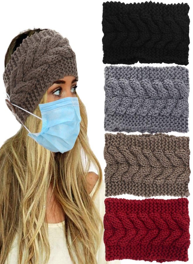 VEEJION 4 Pieces Women Knitted Headbands Winter Warm Twisted Headband with Buttons for Face Mask Cover Cold Weather Head Wrap Hair Bands for Ear Warmer - Image 1